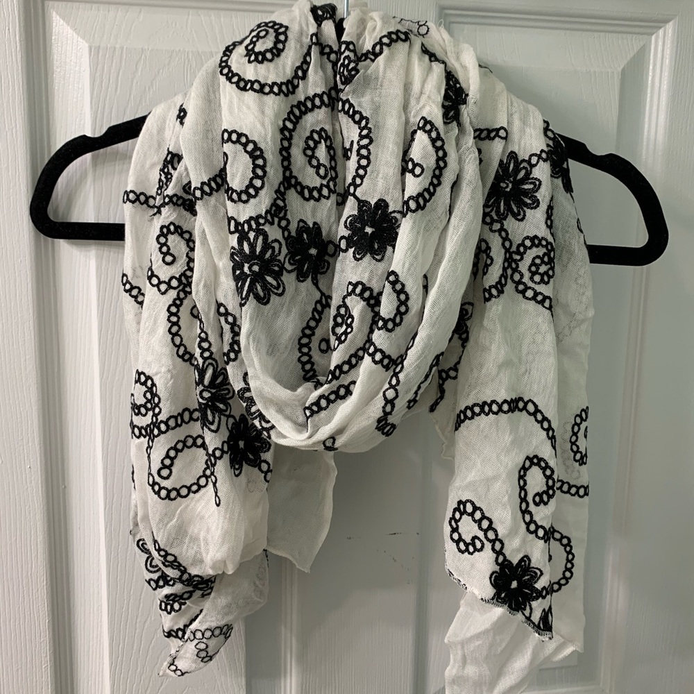 White with black embroidered scarf